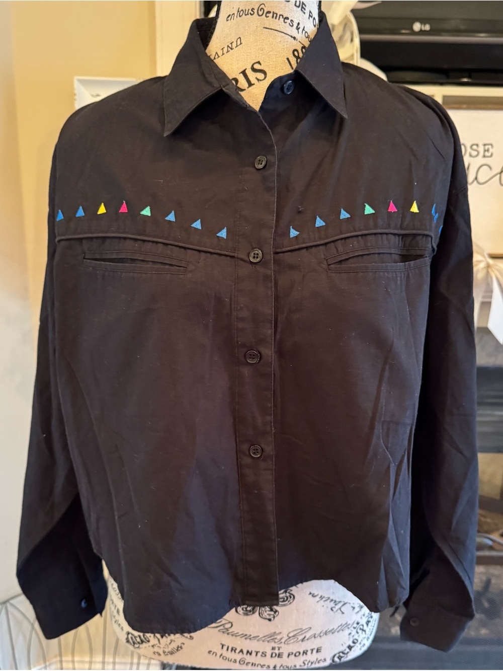 Vintage Cristina Black Western Button Down Shirt Geometric Embroidered 80s 90s M